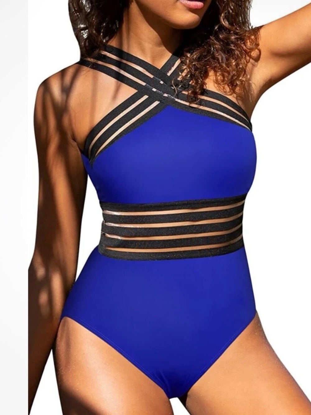 Strappy Blue One-Piece Swimsuit with Mesh Bands